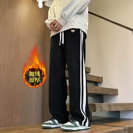 裤子男秋冬款潮牌阔腿直筒卫裤黑色拖地宽松运动秋季复古休闲长裤商品大图