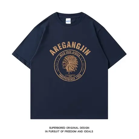 美式复古印第安人印花纯棉短袖T恤男夏季宽松休闲半袖体恤衫上衣图片