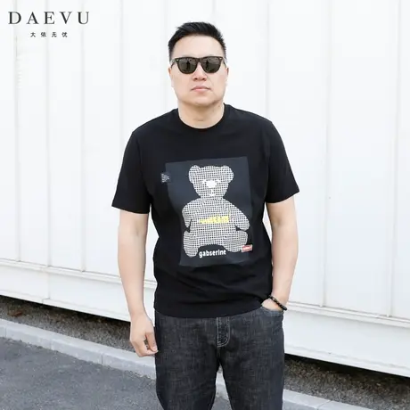 大依无忧夏新款格子熊潮胖子大号加肥加大码圆领男士短袖t恤商品大图