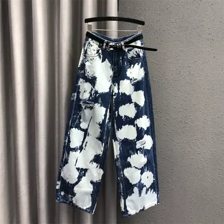 韩版直筒裤女24春夏新款深蓝色个性破洞休闲高腰显瘦牛仔阔腿长裤图片