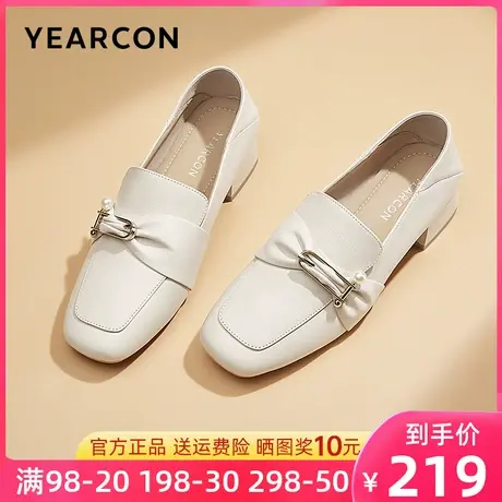 意尔康女鞋2023秋季新款真皮乐福鞋女粗跟单鞋中跟时装小皮鞋女士商品大图