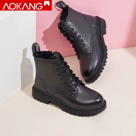 奥康马丁靴女春秋单靴薄款英伦风真皮厚底休闲皮靴黑色短靴商品大图