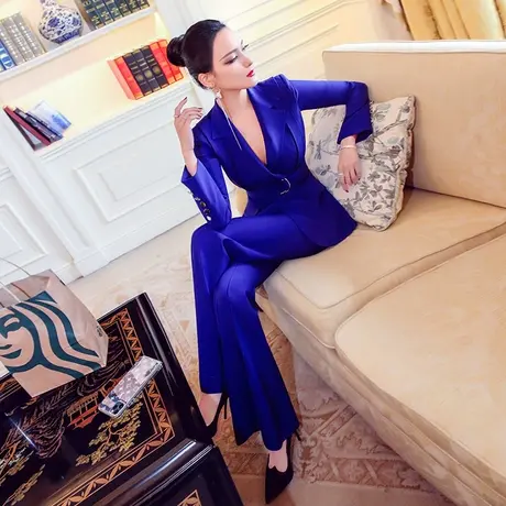 VJE秋季时尚电光蓝OL风套装新款气质收腰外套微喇叭裤两件套商品大图