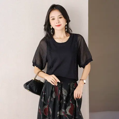 伊自尚2023年新款大码胖mm夏季简约百搭宽松圆领针织衫T恤上衣女商品大图