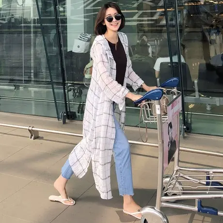 夏秋装韩版格子衬衫防晒衣女宽松蝙蝠袖开衫外套中长款连帽衬衣潮商品大图