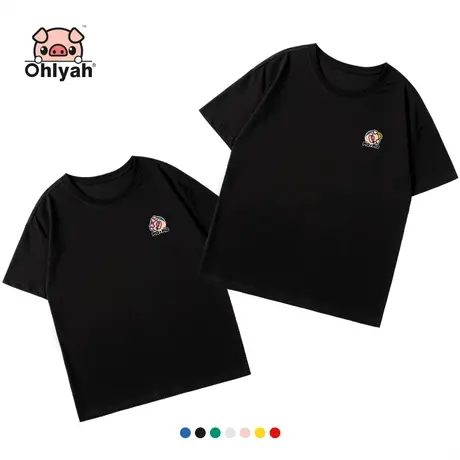 Ohlyah品牌 小猪米罗 全棉面料 休闲宽松黑色情侣装短袖t恤女班服商品大图