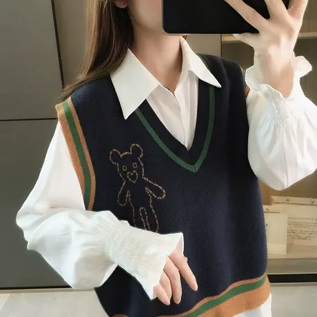 V领针织马甲女士无袖毛衣背心外穿2023年秋季新款宽松学院风马夹图片