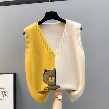 2022新款早秋外穿百搭针织衫拼色背心马甲女韩版宽松时尚毛衣马夹商品大图