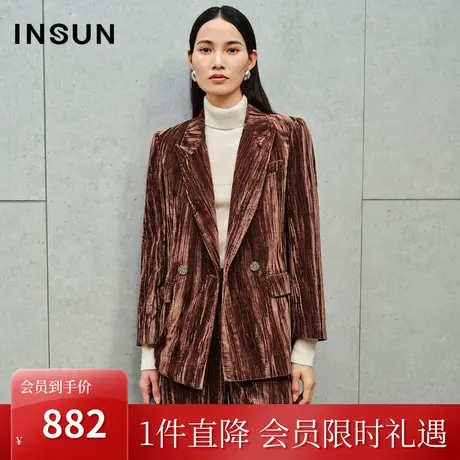 恩裳2023秋装新款气质宽肩戗驳领压褶定型肌理感定制丝绒西装外套图片