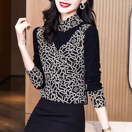 网纱打底衫女长袖t恤2023秋季新款修身显瘦内搭拼接花色气质小衫商品大图