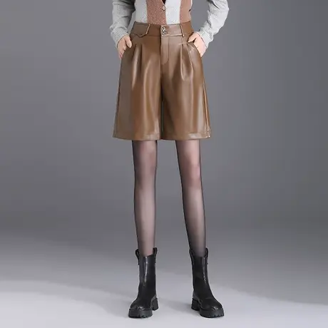 时尚PU皮裤短裤韩版通勤休闲裤女秋季2023新款高腰显瘦五分阔腿裤商品大图