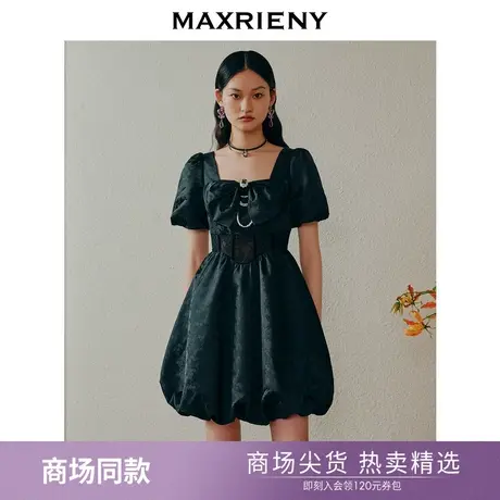 【商场同款】MAXRIENY蕾丝镂空花苞连衣裙夏日甜美泡泡袖小黑莓裙图片