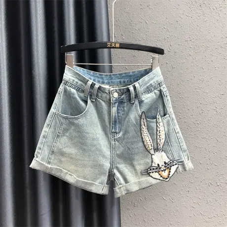 欧货女2023夏季新款卡通兔子图案休闲a字阔腿热裤显瘦牛仔短裤潮商品大图