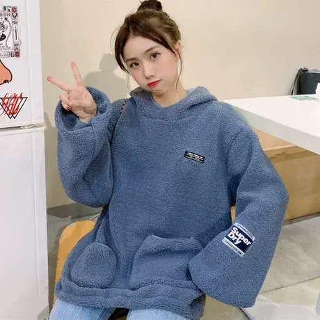 羊羔毛卫衣女秋冬韩版潮宽松bf慵懒风加绒加厚ins超火cec外套洋气商品大图