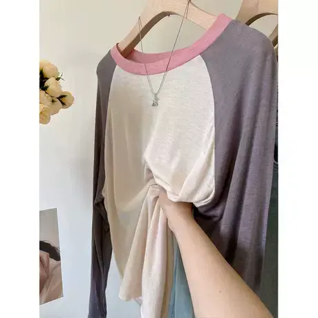配色很温柔 柔软天丝羊毛复古撞色插件袖薄款防晒长袖T恤女23夏季图片