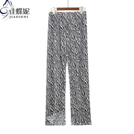 春夏季新款宽松松紧腰韩版斑纹开叉休闲气质直筒雪纺长裤女下装图片