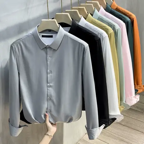 2023新款春秋男士长袖衬衫免烫韩版潮休闲衬衣帅气纯色高级感商务商品大图