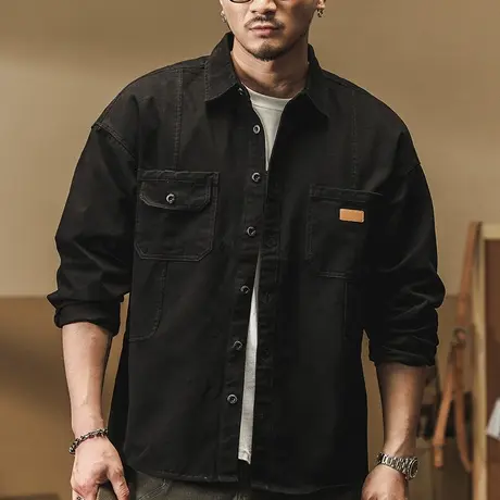 时尚舒适百搭男士衬衫时尚潮流工装长袖衬衫休闲复古纯棉男士外套图片