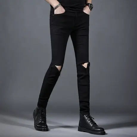 高端破洞牛仔裤男夏季2023新款潮牌个性修身小脚弹力潮流男士裤子商品大图