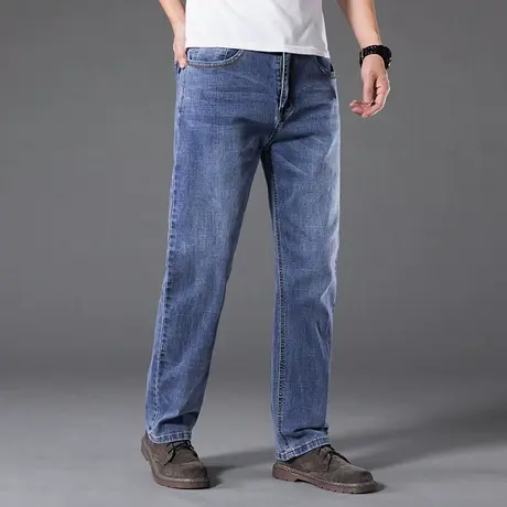 浅蓝秋冬新款直筒宽松弹力男士牛仔裤青年百搭大码休闲深裆阔腿胖图片