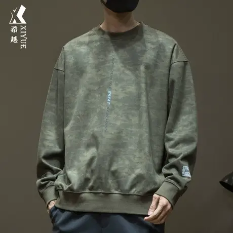 希越美式复古麂皮绒卫衣男秋季宽松大码380g重磅水洗内搭打底衫潮商品大图