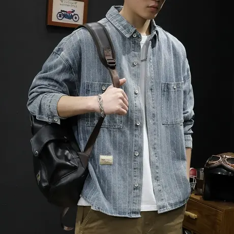 秋季男款复古2023新款衬衣牛仔外套男士休闲春秋上衣长袖衬衫男图片
