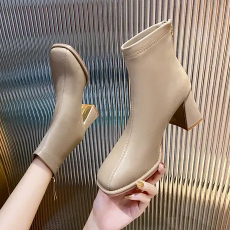 性感少女短靴女粗跟2022年秋冬新款时尚百搭方头高跟瘦瘦靴及裸靴商品大图