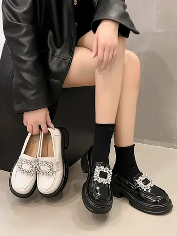 厚底乐福鞋女2024新款高级感水钻粗跟黑色小皮鞋春秋英伦玛丽珍鞋商品大图