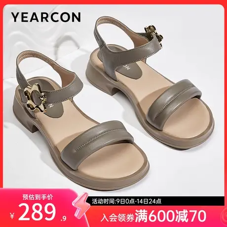 意尔康女鞋夏季粗跟真皮休闲中跟凉鞋外穿法式海边沙滩鞋魔术贴图片
