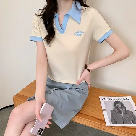 唐狮短袖polo衫女夏季V领辣妹t恤打底衫短款百搭基础流行漂亮上衣商品大图