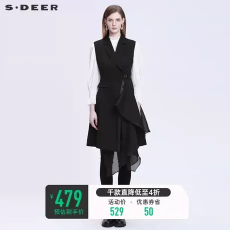 sdeer圣迪奥秋装西装领收腰网纱拼接长款马甲女S22181604➡图片