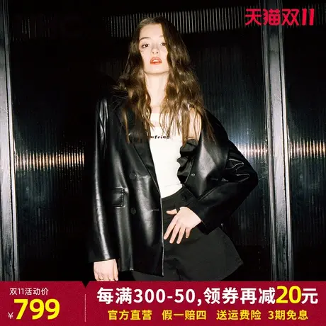 LINC金羽杰皮衣女2023秋季新款皮质感宽肩女士西服外套S231FU089Y图片