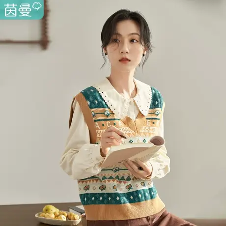【商场同款】茵曼2023春女装新款田园复古V领提花撞色套头马甲图片