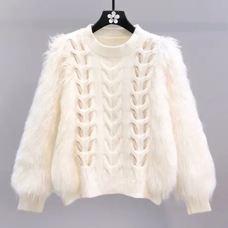 水貂绒麻花毛衣女秋冬2023年新款慵懒风高级设计感小众短款针织衫商品大图