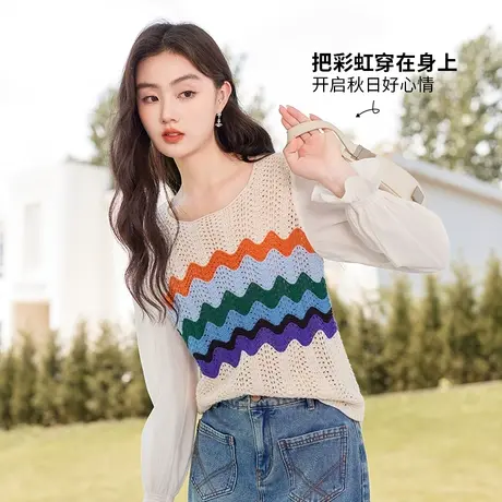 【惊喜直降】香影彩虹条纹薄款针织衫女2023秋季新款时尚宽松镂空商品大图