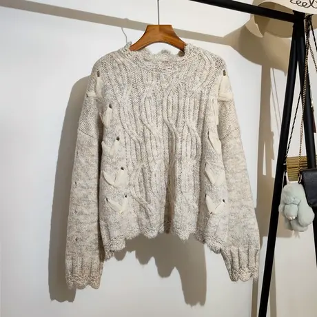 慵懒风麻花毛衣女宽松套头秋冬新款韩系宽松圆领休闲针织上衣外穿商品大图