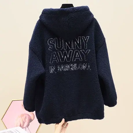 羊羔毛连帽外套女2023秋冬新款韩版毛茸茸字母刺绣宽松加绒上衣潮图片
