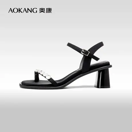 奥康女鞋 夏季新款露趾大水钻一字带时装凉鞋法式粗跟宴会鞋图片