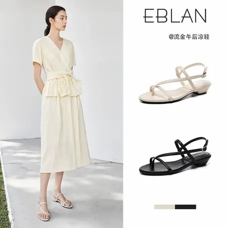 EBLAN/伊伴法式夹趾凉鞋女外穿2025夏季新款一字带粗跟罗马沙滩鞋图片