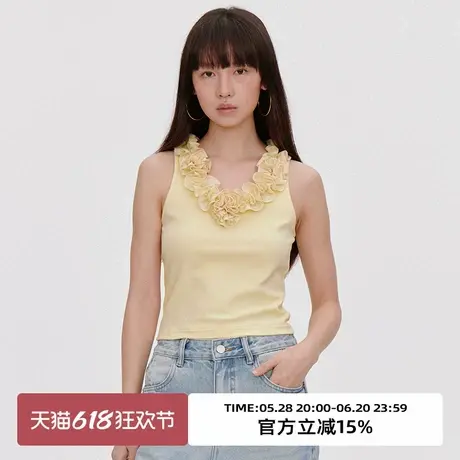 omont蛋挞家复古立体木耳边V领吊带2025夏季修身显瘦黄色针织上衣图片