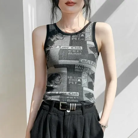 歌倍尚美式复古风印花无袖吊带背心女别致设计感小众衬衫内搭上衣商品大图