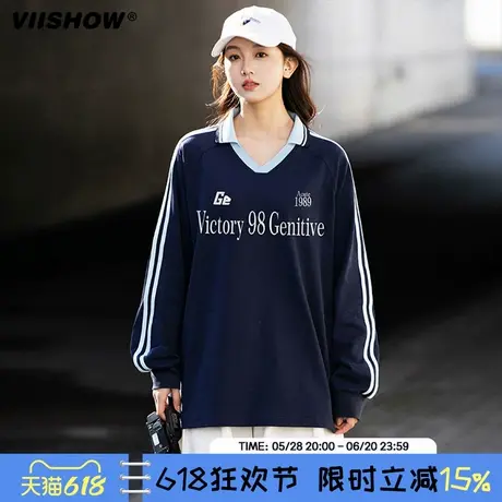VIISHOW春季情侣宽松拼色印花微V翻领长袖T恤美式复古百搭上衣男商品大图