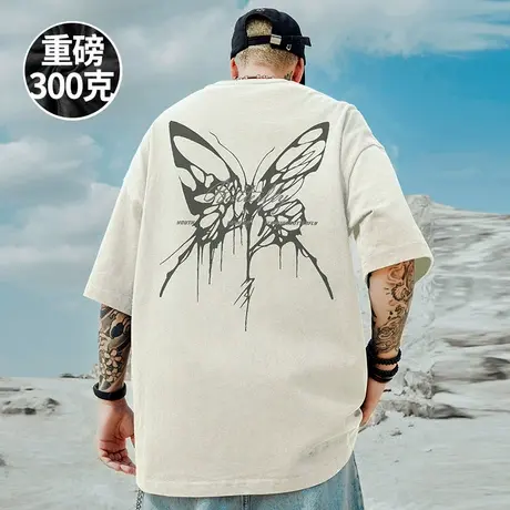 300g重磅美式蝴蝶加肥加大短袖t恤大码男装圆领纯棉胖子半袖潮流商品大图