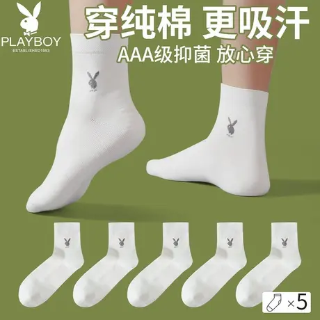花花公子白色袜子男士冬季100%纯棉抗菌中筒袜男生全棉透气长袜DX商品大图