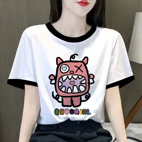 大码正肩短袖t恤女2023夏季新款卡通纯棉插肩袖港味复古chic上衣商品大图