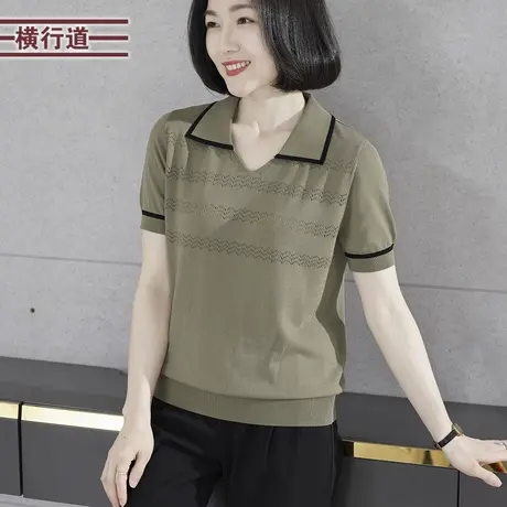 简约复古翻领撞色边提花针织短袖大码女装外穿上衣服2023夏季新款图片