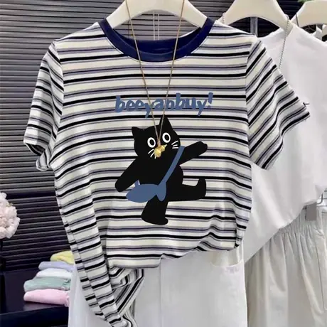 国货潮流领口条纹拼色短袖t恤女夏季外穿洋气时尚百搭上衣打底衫图片