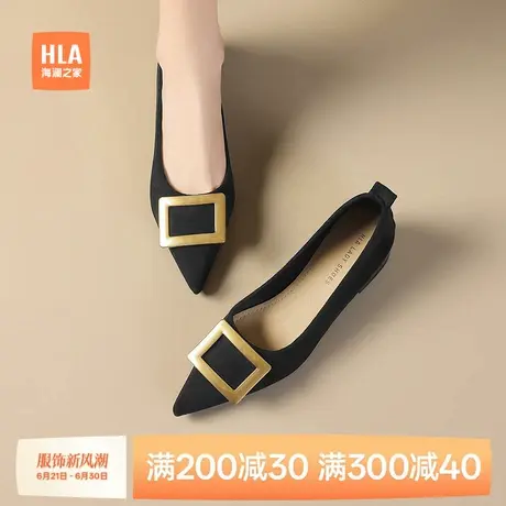 海澜之家浅口尖头单鞋女鞋新款绒面通勤不累脚黑色方扣低跟高跟鞋商品大图