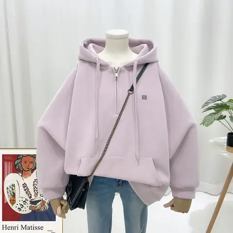 2023春秋宽松韩版BF风刺绣方块笑脸半拉链连帽卫衣口袋薄款上衣潮商品大图