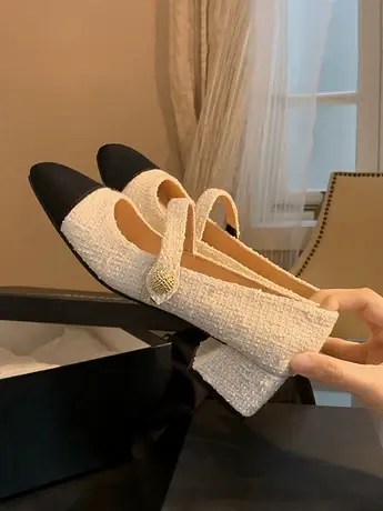 潮牌法式粗跟玛丽珍单鞋女秋季2023年新款一字扣拼色百搭高跟鞋子图片